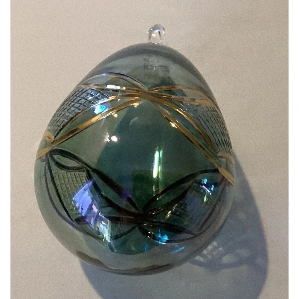 Christmas Ornament Hand Blown Glass Egg Shape Raised‎ Gold Designs Green Tint